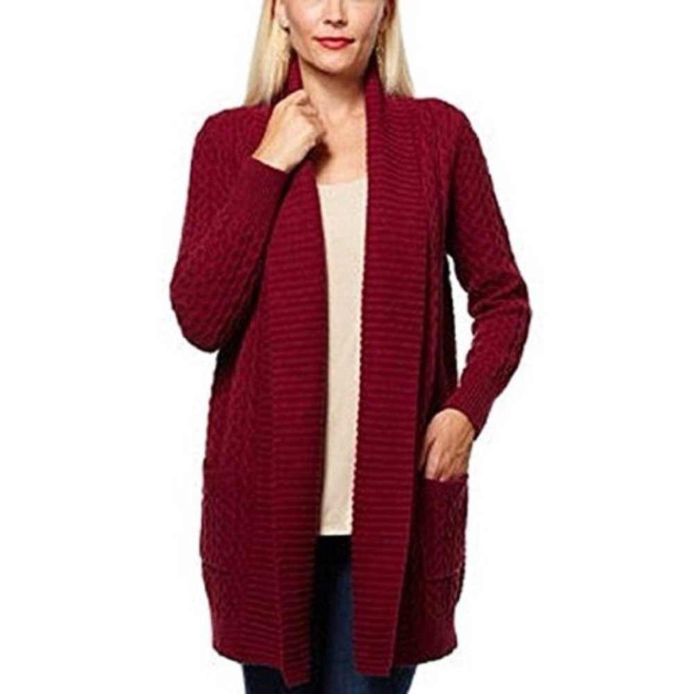 Leo & Nicole Ladies Long Length Cable Cardigan Sweater - Vino New With Tags